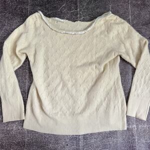 Women's Vintage 60's Ivory White Cashmere Wide Neck Floral Crewneck Sweater Sz M